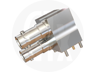 HD BNC 12G SDI Right Angle Double Offset PCB Mount Bulkhead Jack, Tri-Alloy Plated, Front view