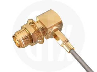 SMA Crimp Right Angle Bulkhead Jack, terminated on cable