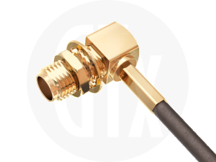 SMA Crimp Right Angle Bulkhead Jack, terminated on cable